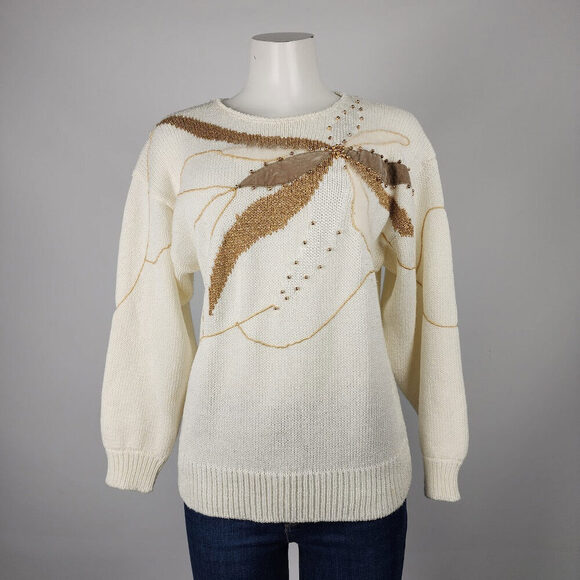 Vintage Cream & Brown Floral Knit Sweater Size L - Picture 1 of 6